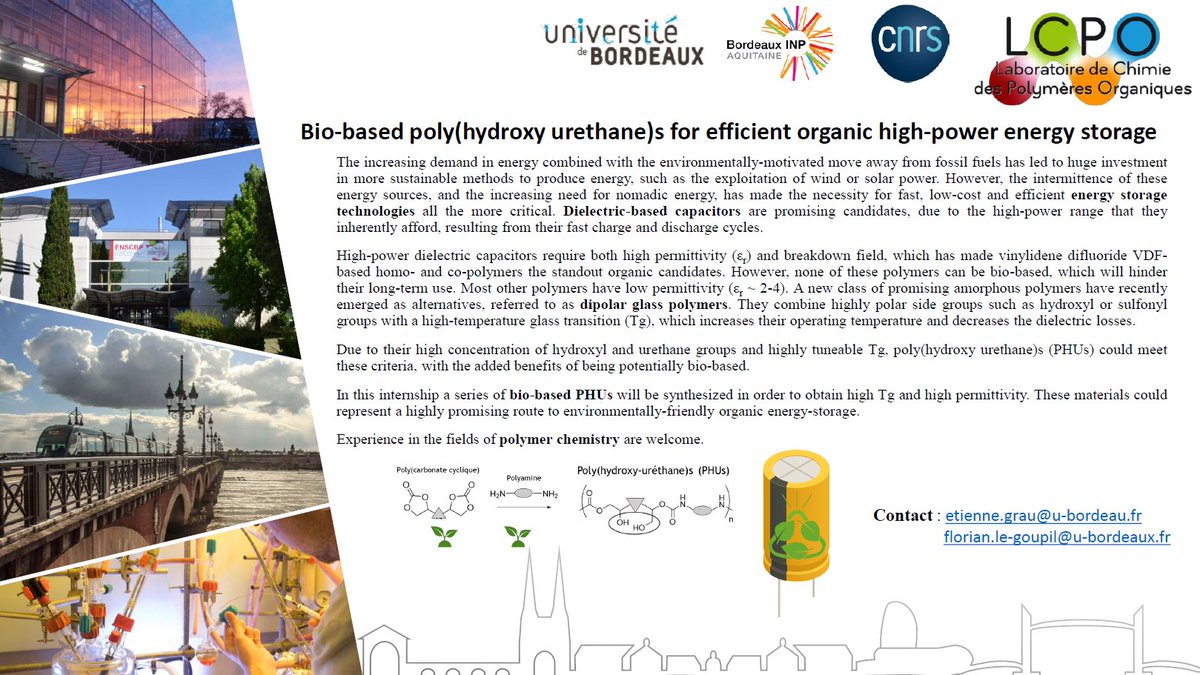 Grau_Etienne's tweet photo. You have interest in bio-sourced polymers 🌱🪱 (#PHUs) and #electronics 📱, this Master project @LCPO_Bordeaux merging these two fields is for you😉 https://t.co/PUPSNjr9Ck