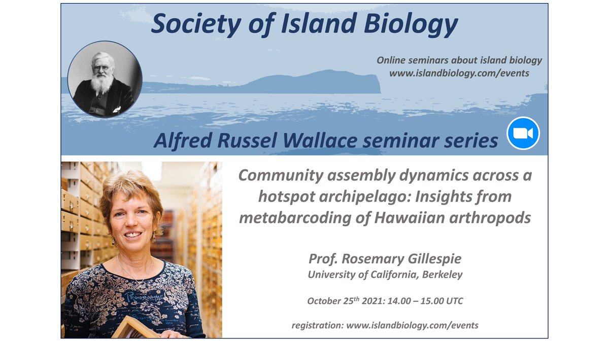 More announcements from the Society of <a href="/IslandBiology/">Society of Island Biology</a>!

The Alfred Russel Wallace seminar series is here! 🥳🎉💪 

First speaker will be legendary island biologist Prof. Rosemary Gillespie (Berkeley) on Oct 25 from 2-3 pm UTC.

To register, please go to universiteitleiden.zoom.us/meeting/regist…