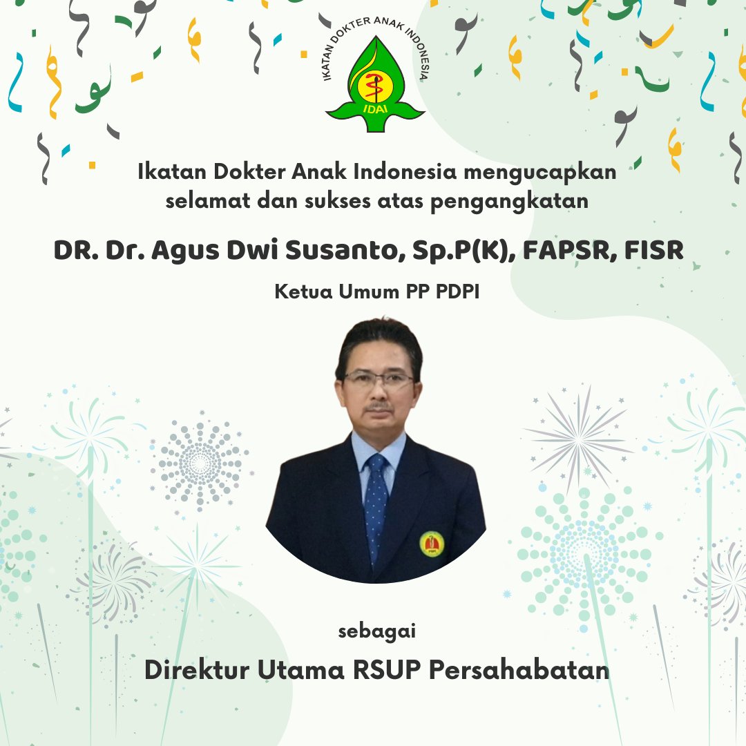idai_tweets's tweet photo. Ikatan Dokter Anak Indonesia mengucapkan selamat dan sukses atas pengangkatan DR. Dr. Agus Dwi Susanto, Sp.P(K), FAPSR, FISR Ketua Umum PP PDPI sebagai Direktur Utama RSUP Persahabatan.

#PDPI
#IDAI https://t.co/OLJ5Zued2a
