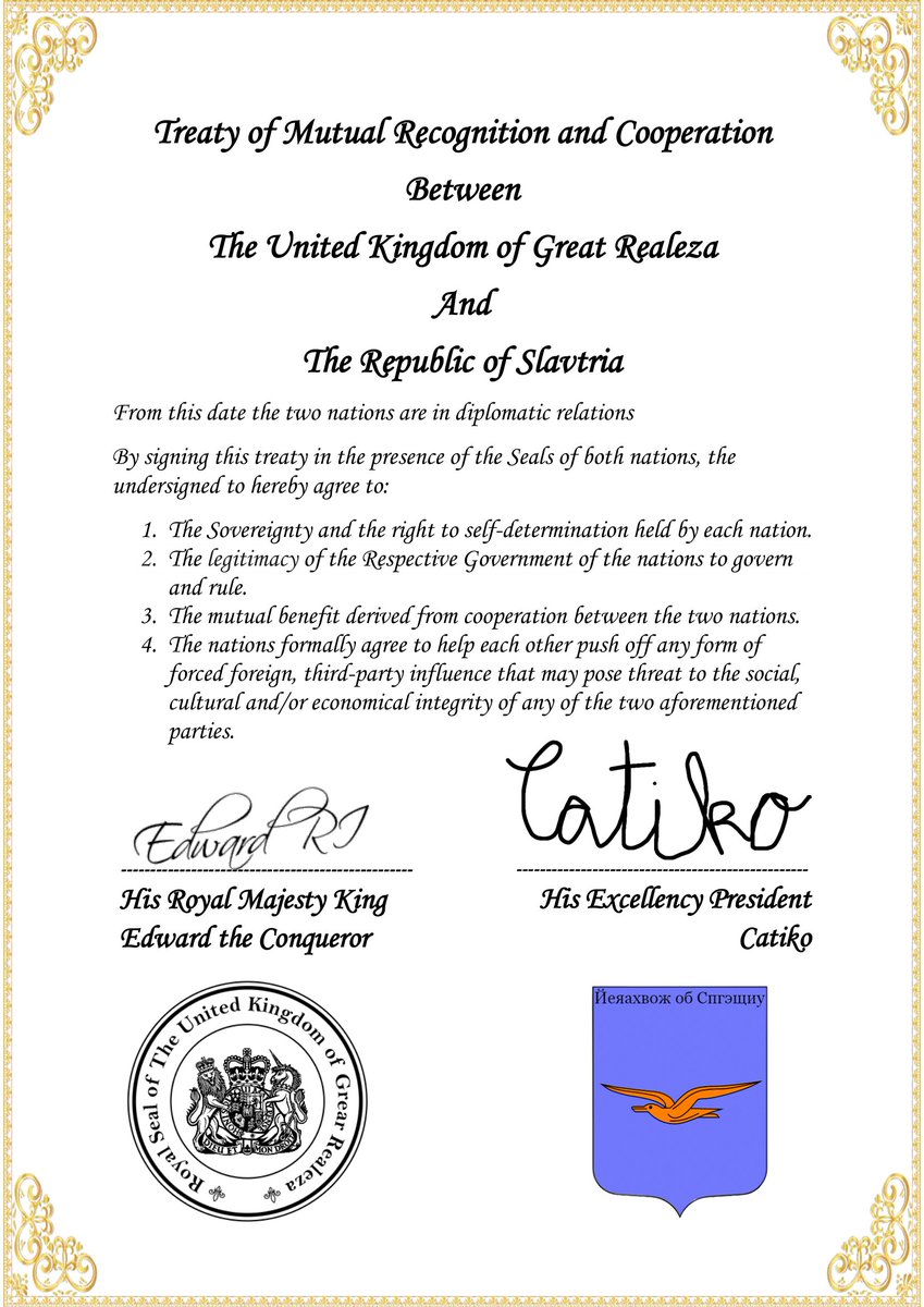HRMMoFA's tweet photo. We're proud to announce that the Treaty of Mutual Recognition and Cooperation was today signed between @RealezaGov and @slavtria.                                                            #Micronations https://t.co/Q2Re3OEiLa