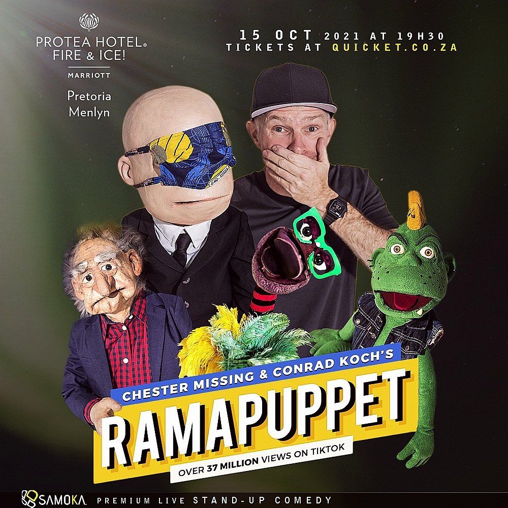 15 Oct 2021 <a href="/chestermissing/">Chester Missing</a> <a href="/conradkoch/">Conrad Koch</a> LIVE in #Menlyn #Pretoria Tickets 👉🏽 qkt.io/Ramapuppet-Men…