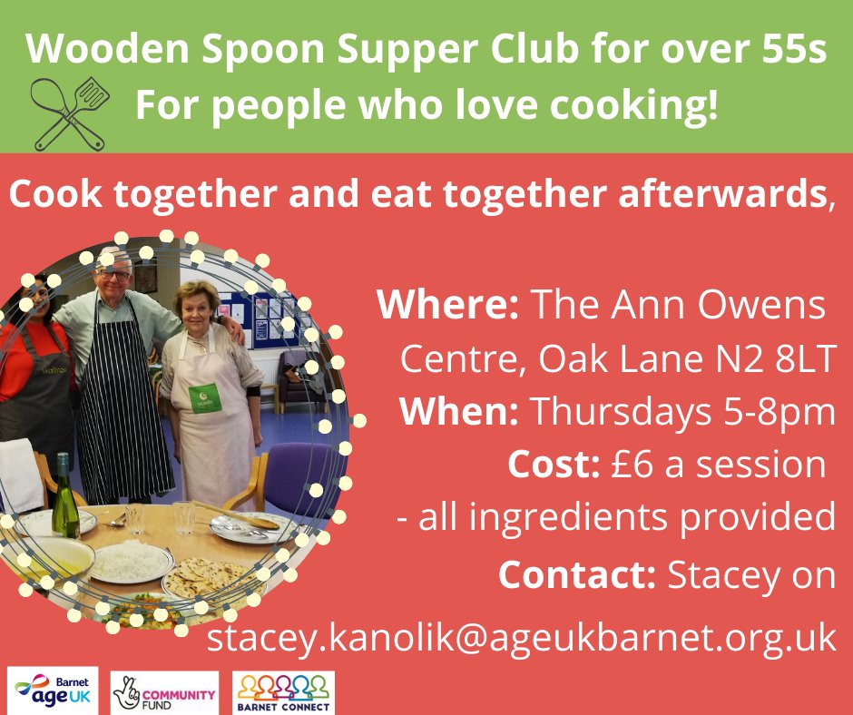 ageukbarnet's tweet photo. We've a new cookery club for food lovers over 55!
You cook together &amp; eat together afterwards - it's a great way to meet others who share a passion for good food.
Takes place on Thursdays at 5-8pm at the Ann Owens Centre #EastFinchley.
For more info phone Stacey on 020 8432 1422 https://t.co/vZcGcpEdZ1