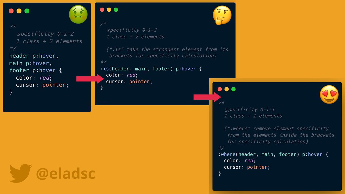 The #CSS ':where' pseudo-class function as full browser support. Main abilities: - Combine different selectors - Remove specificity @MozDevNet: developer.mozilla.org/en-US/docs/Web…