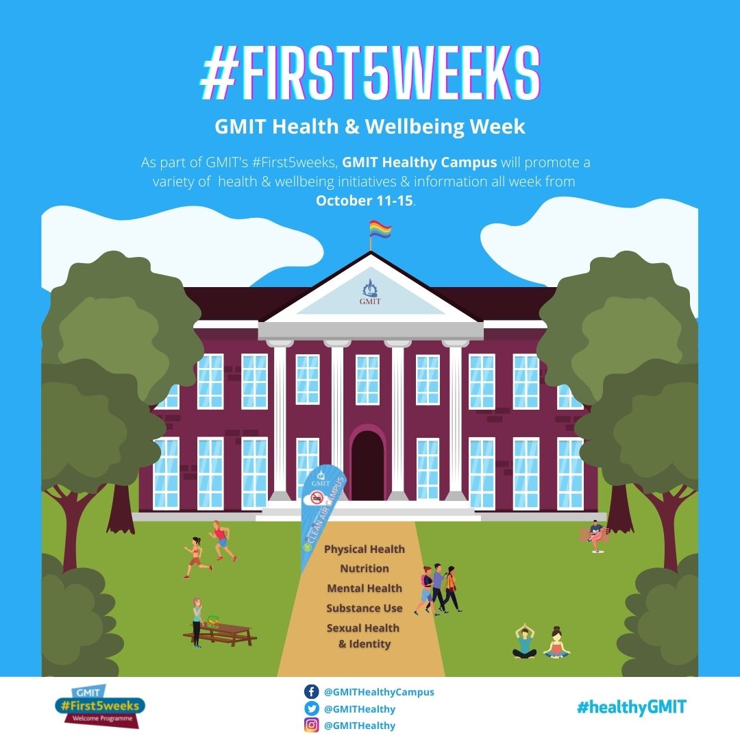 ATUHealthyGM's tweet photo. We're hosting #health &amp; #wellbeing Week as part of @GMITOfficial #First5weeks! We'll promote a different wellbeing theme daily (Mon #mentalhealth, Tue #sexualhealth &amp; #identity, etc) Stay tuned for a variety of activities, workshops, competitions &amp; PRIZES up for grabs THIS WEEK! https://t.co/MncNZU6c4O