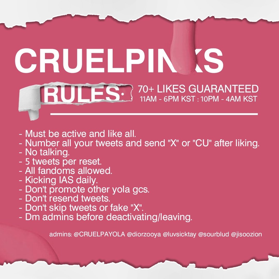 🚨RECRUITING FOR CRUELPINKS ACTIVE PAYOLA PROMO PLUG GC🚨

⁃RT and REPLY 
-TAG 2 MOOTS
⁃MUST follow admins: @CRUELPAYOLA @sourblud <a href="/diorzooya/">shen</a> @jisoozion @Iuvsicktay
⁃Daily kicking ias
-70+ likes guaranteed 
-fandom/fanwar tweets allowed 
-follow all the rules to be added💗