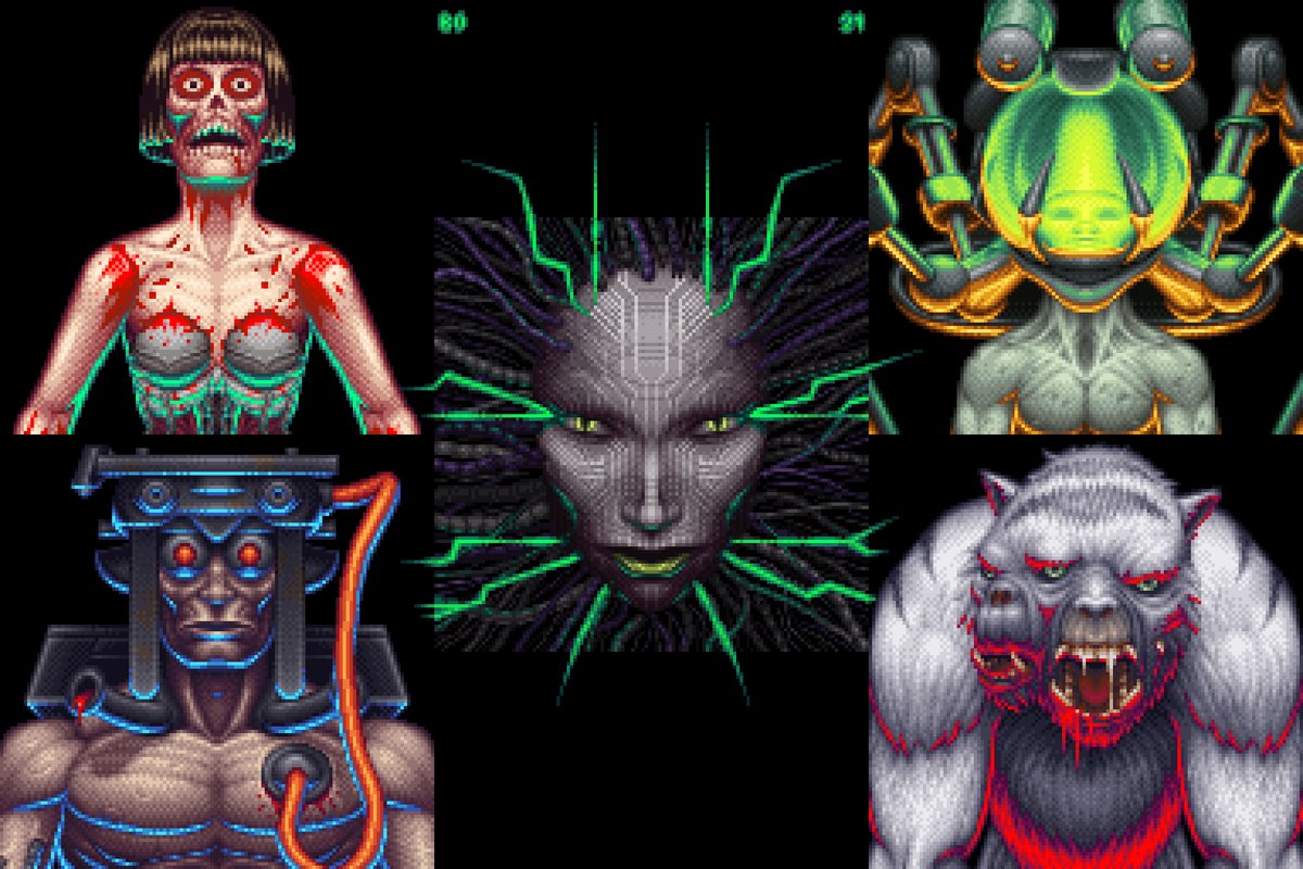 Here's all five of the System Shock commissions I made for @NightdiveStudio put together. #Pixelart #SystemShock #pixelartday #ドットの日