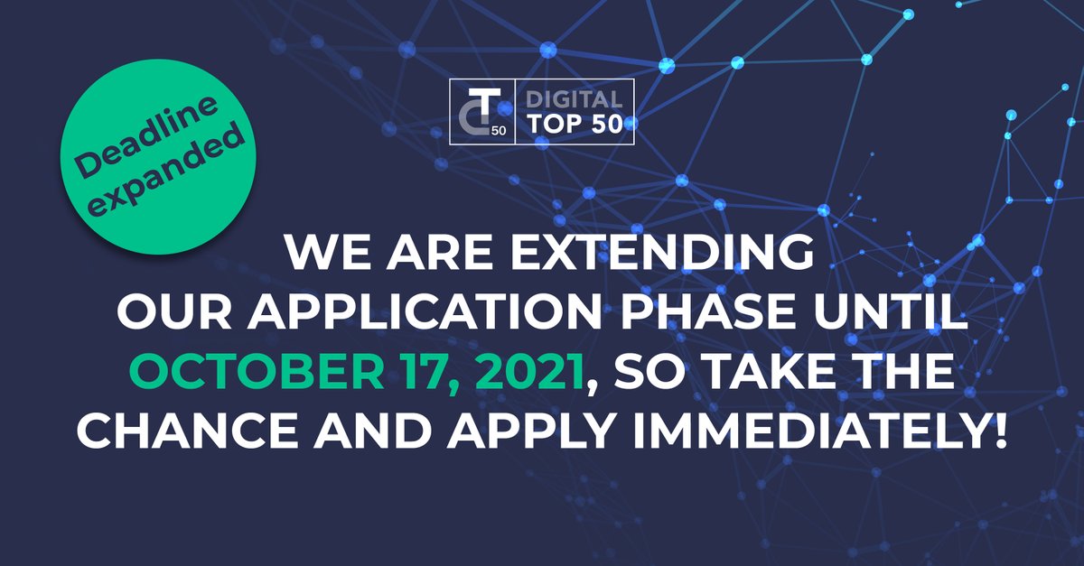 Due to the very high demand, we are extending our application phase until October 17th, 2021. So best to apply now and become a part of Europe's top innovators: dt50.org