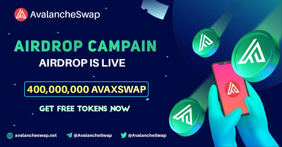 🚀🚀 Airdrop: AVALANCHE SWAP
💰 Reward: 400M AVAXSWAP
👥 Referral: 100M AVAXSWAP
📆 End Date: 24th Oct
🏦 Distribution Date: 2nd Nov
🛠   Chain Network: BSC
🤖 Complete data: t.me/AvalancheSwapB…

#Airdrops #Airdrop #Bitcoin #BSC #AVAXSWAP