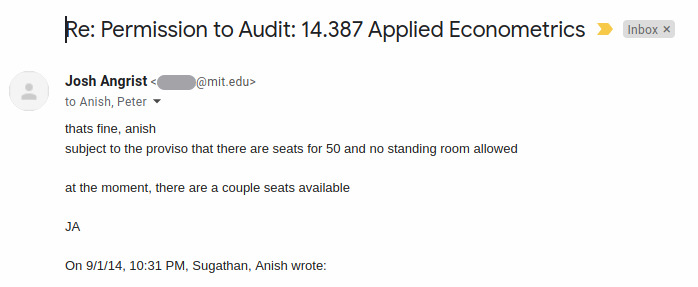 anishsugathan's tweet photo. Guess what, this is how seven years ago I wriggled my way into an Applied Econometrics course. Thank you Prof Josh @metrics52 @mit for the couple of available seats 😀
@IIMAhmedabad @GlobalFung @PrincetonPIIRS #angrist #nobelprizeeconomics #EconTwitter https://t.co/UoRdPzqJ23