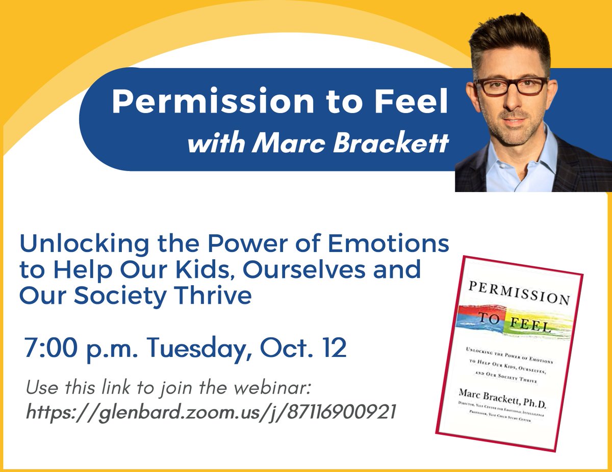 GPSParentSeries's tweet photo. Join us Tue Oct 12 at 7pm
Marc Brackett, Ph.D., Permission to Feel
How we feel influences our thoughts, ability to learn, decisions, relationships, health, creativity, and everyday performance. Learn a set of skills to help us use our emotions wisely.
https://t.co/MyOtAHG3nC https://t.co/WNWFjyAQtS