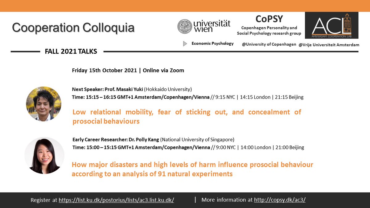 Please join us for this week's Cooperation Colloquium! 

Friday October 15, 15:00 UTC+2

Masaki Yuki (<a href="/masakiyuuuuki/">Masaki YUKI</a>; Hokkaido): 
Low relational mobility, fear of sticking out, and concealment of prosocial behaviours

ECR talk by Polly Kang (NUS)

Sign up: list.ku.dk/postorius/list…