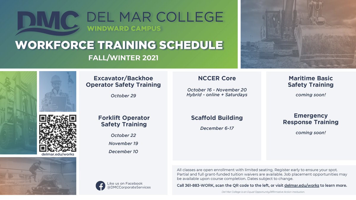 SanPatCountyEDC's tweet photo. Del Mar College  Workforce Training Schedule
for Fall / Winter 2021 https://t.co/7nWbG716o6