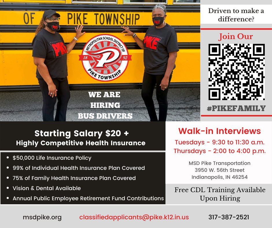 We’re hiring bus drivers!   Walk-in interviews every Tuesday and Thursday!  Join our #PikeFamily <a href="/PikeSchools/">Pike Twnshp Schools</a>