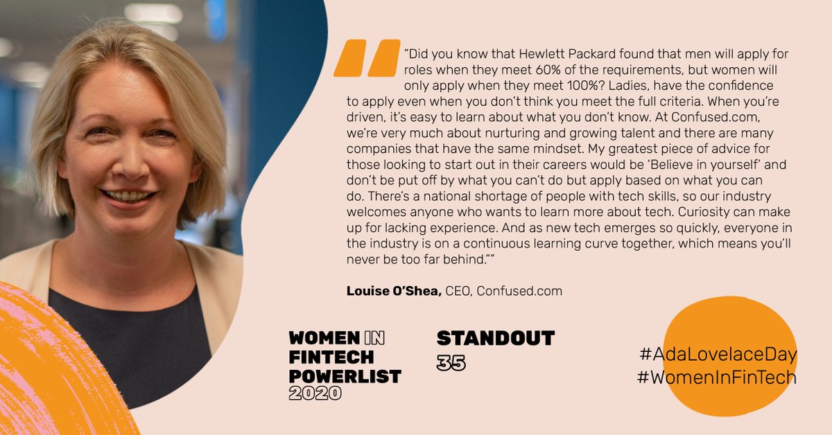 InnFin's tweet image. Ahead of #AdaLovelaceDay2021 we asked industry experts what they would say to a young woman looking to make a career in STEM

👇Louise O&apos;Shea, CEO @Confused_com shares her advice below
