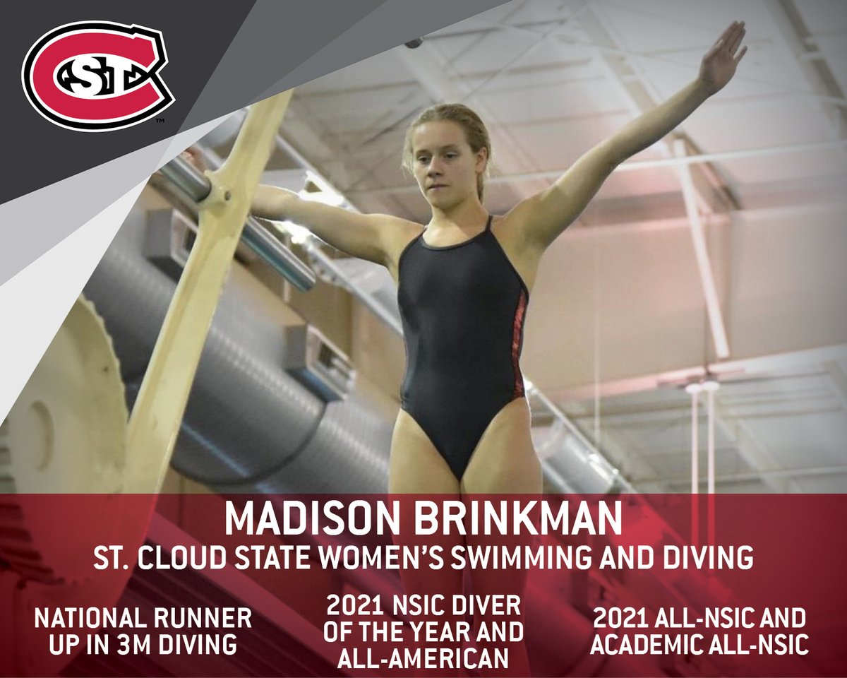 stcloudstate's tweet photo. 2020-21 Dive National Championship runner up @scsu_swimdive’s Madison Brinkman placed second in the 3M and 11th in the 1M at the championships and earned All-American honors in both events.  She was named 2021 NSIC Diver of the Year and NSIC Championship Diver of the Meet. https://t.co/gsWW9Ais0w