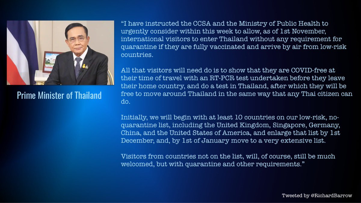 RichardBarrow's tweet photo. Thailand plans to re-open the country to international visitors without having to do quarantine if they are fully vaccinated and come from low risk countries from 1st November 2021 #Thailand https://t.co/TxiO6DRgTm