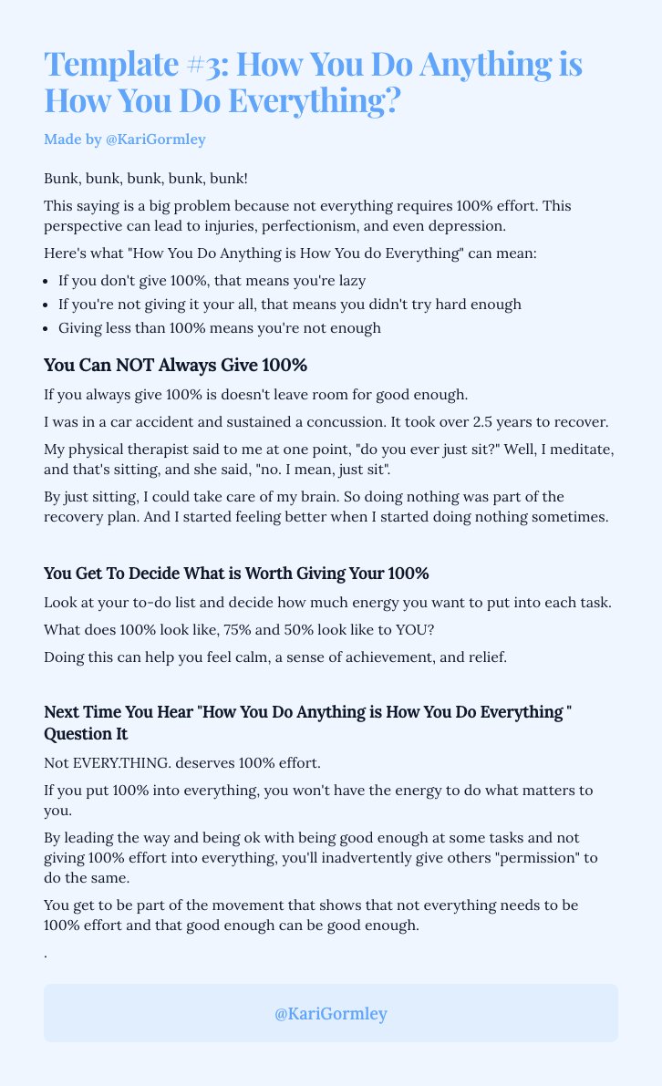 KariGormley's tweet photo. Not Everything You Do requires 100% effort! Find out why and how you can overcome that belief/saying. #YouGetTo #YourRaceYourPace #Mindset #ADHDAwarnessMonth #YourLife https://t.co/2O9QuSO2XL
