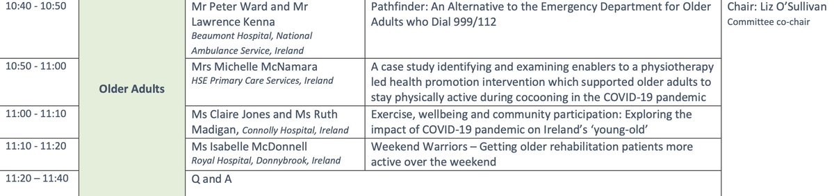 iscp_pd's tweet image. #ISCPConf21 Parallel Stream 1 (10:40, Fri. 15th) Older Adult presentations by: 
Mr Peter Ward/Mr Lawrence Kenna: @Beaumont_Dublin &amp;amp; @AmbulanceNAS 
Mrs Michelle McNamara: @HSEprimarycare 
Ms Claire Jones/Ms Ruth Madigan: Connolly Hospital 
Ms Isabelle McDonnell: @RoyalDonnybrook