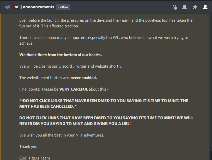 WE ARE NOT PROCEEDING WITH THE MINT.