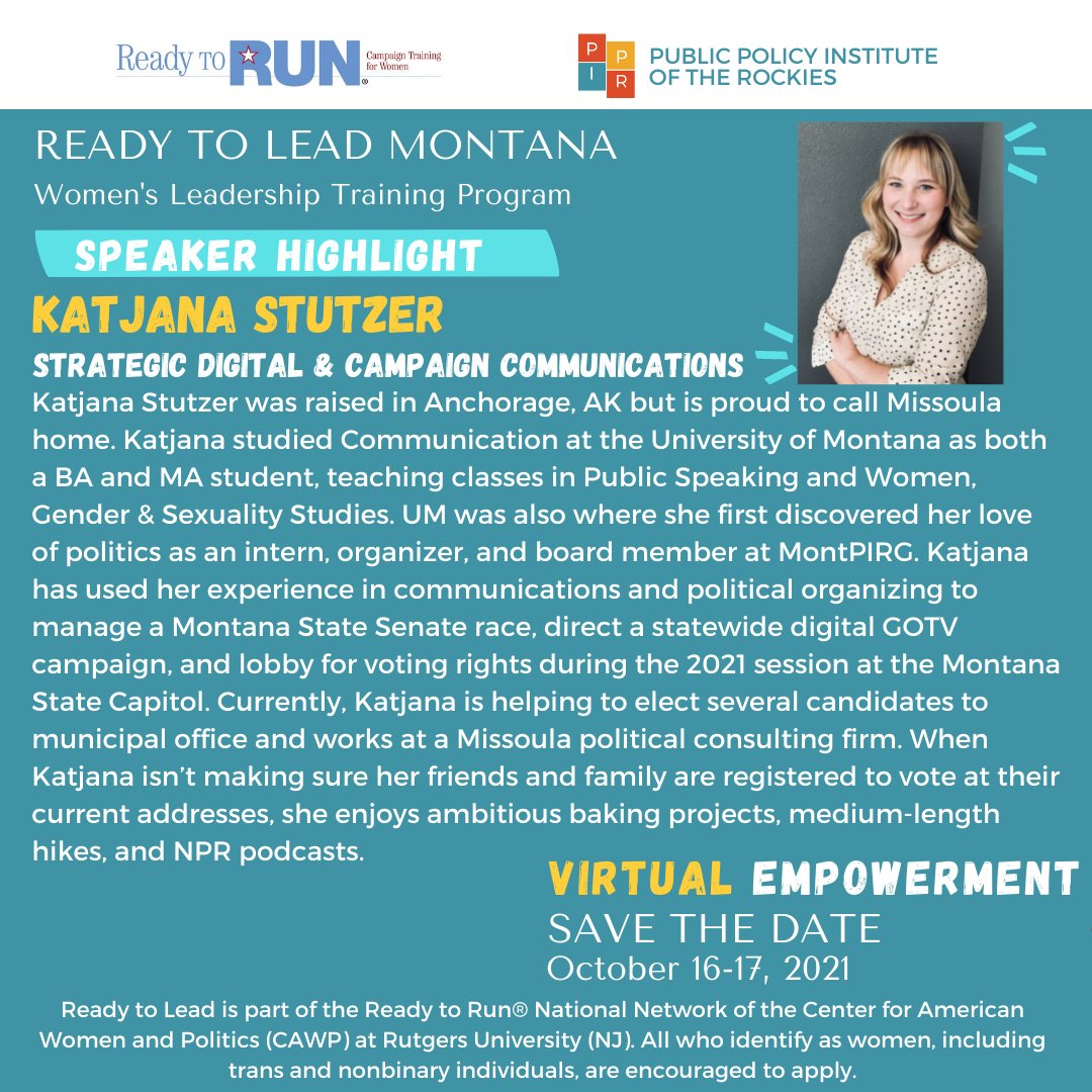 PolicyRockies's tweet photo. Applications for Ready to Lead Montana are officially closed and we cannot wait to release our final list of participants! In the meantime, check out our star-studded speakers! #ppir #readytoleadmt #progresswithppir @womenandpolitics https://t.co/MRef5jMROU