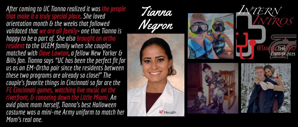 Tianna Negron <a href="/tiannamaria_/">Tianna Negron</a> is from Rochester NY 🌆 &amp; did med school at <a href="/UR_Med/">UR Medicine</a> after a brief foray at <a href="/JohnsHopkins/">Johns Hopkins University</a> for undergrad + her MPH. She chose UC because of boundless opportunities, esp those in #SocialEM #AddictionMedicine #Simulation &amp; #MedEd 📚
#CincyEMInternIntros