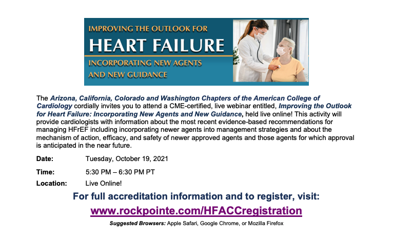 ArizonaACC's tweet photo. We cordially invite you to attend a CME-certified, live webinar: Improving the Outlook for Heart Failure: Incorporating New Agents and New Guidance!

🔗 https://t.co/pKSsyu3cEZ

#ACCEd #cardiotwitter #thefaceofcardiology  #cardiology #medicine #beoneteachone #CMEevent #CME https://t.co/SNuWKppTwN