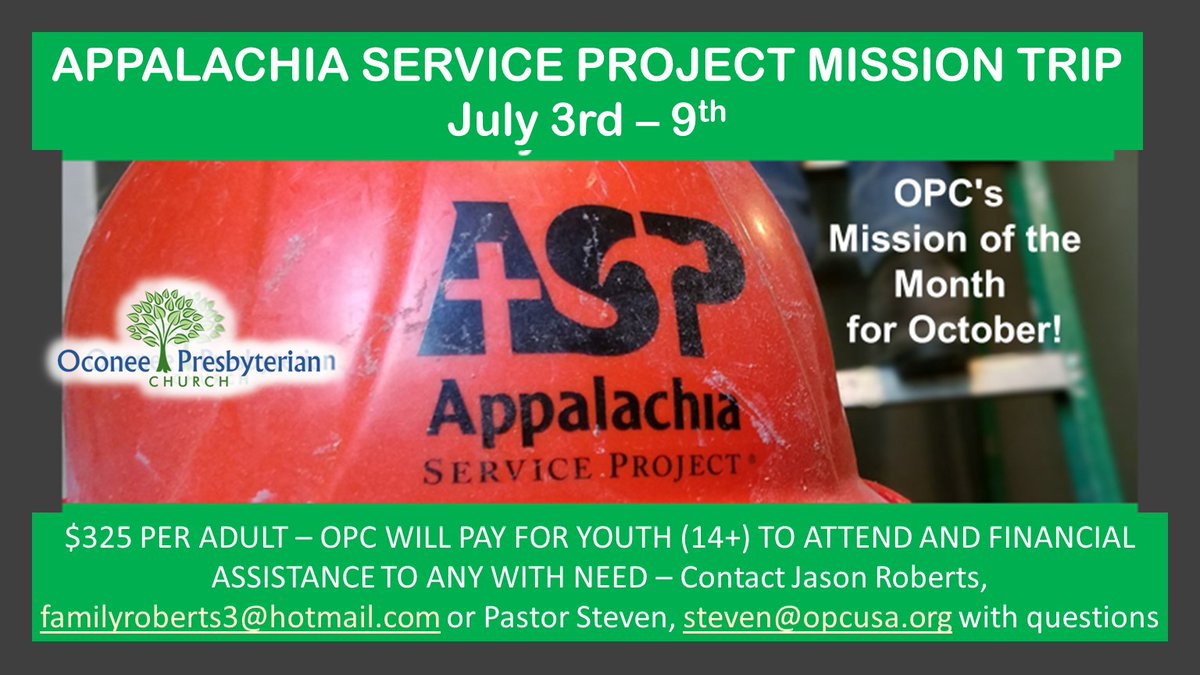 OPCUSA's tweet photo. Please prayerfully consider joining this year's ASP Mission Trip. #weloveoconee #opcusa https://t.co/ZiSwU3BhIx