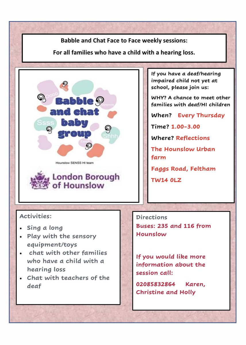 Come join the incredible Teachers of the Hearing Impaired every Thursday at The Hounslow Urban Farm, if you want to connect with other families who have a child with hearing loss.