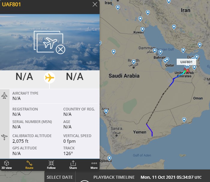 Laurent_Le_Bloa's tweet photo. #UAE AF aircraft #UAF801
Oct 10th from Assab #Erytrea to Al Mukalla #Yemen
Oct 11th from Al Mukalla to Abu Dhabi UAE https://t.co/t2Qi9C4ts1