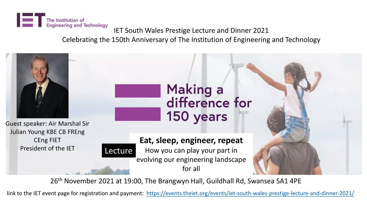 Join us for our prestige lecture 26th of November Brangwwyn Hall Swansea, incoming IET President
Sir Julian Young KBE CB FREng CEng FIET will deliver a talk.
Limited numbers due to COVID restrictions.
First come first served.
events.theiet.org/events/iet-sou…