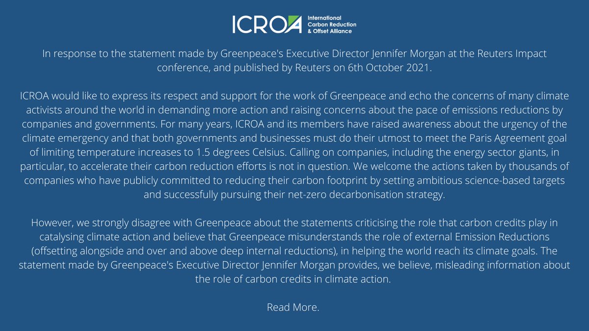 ICROA's response to the statement made by <a href="/Greenpeace/">Greenpeace International</a>'s Executive Director Jennifer Morgan at the <a href="/Reuters/">Reuters</a> Impact conference, and published by Reuters on 6th October 2021. Full statement: icroa.org/News/11319589