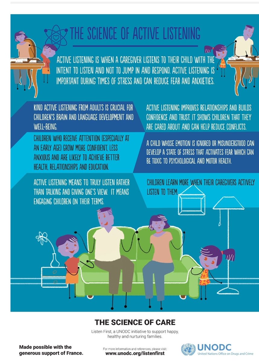 AlyAdybBear's tweet photo. Active listening is when a caregiver listens to their child with the intent to listen and not to jump in and respond. Active listening is important during times of stress and can reduce fear and anxieties.
@UNODC_PTRS @issupnet  @MoHmv @HPA_MV 
#PreventionIsCheaper 
#walkthetalk https://t.co/d3LtUxE5KJ