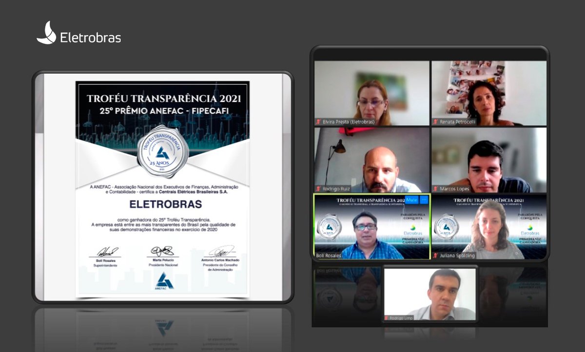 axiaenergiaof's tweet photo. Recebemos o certificado digital do Troféu #Transparência 2021, do Prêmio #Anefac #Fipecafi. A premiação reconhece as companhias mais transparentes do país. Nosso presidente, @rodrigolimp , e nossa diretora, Elvira Presta, participaram da reunião de entrega.
#Eletrobras https://t.co/tSxASBlJbn