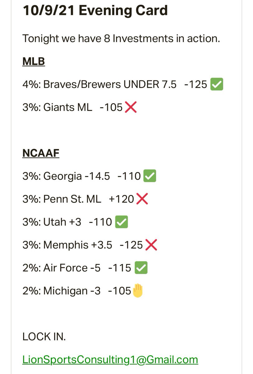 Lion_S_C's tweet photo. Successful weekend in the books 📚 

• 10/8: 2-3, -2.35% 
• 10/9: 2-2, +2.00% and 4-3, +2.10%
• Cash both CFB Free Plays 🍻

8-8, +1.75%, going into Sunday 🏈 

https://t.co/FbqDfuvVv9

Yesterday's recap in next tweet 📊 #GamblingTwitter #Transaprency https://t.co/MNrmVLNQlX