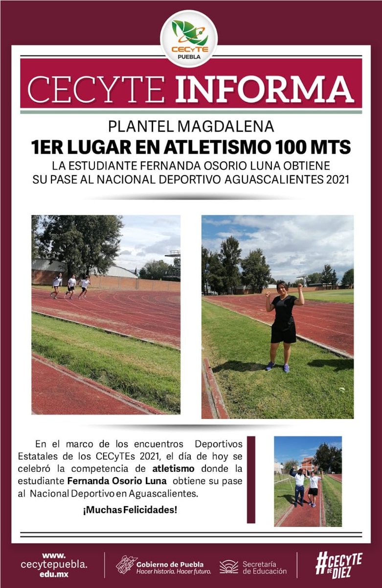 CECyTEMagdalena's tweet photo. Felicitamos a nuestra estudiante Fernanda Osorio Luna por resultar victoriosa en atletismo en los encuentros  Deportivos Estatales de los CECyTEs 2021
¡Éxito en su preparación rumbo al XVII Encuentro Nacional Deportivo Aguascalientes 2021!
#SomosCECyTE 
#CECyTEdeDiez https://t.co/kl8CVO1ogG
