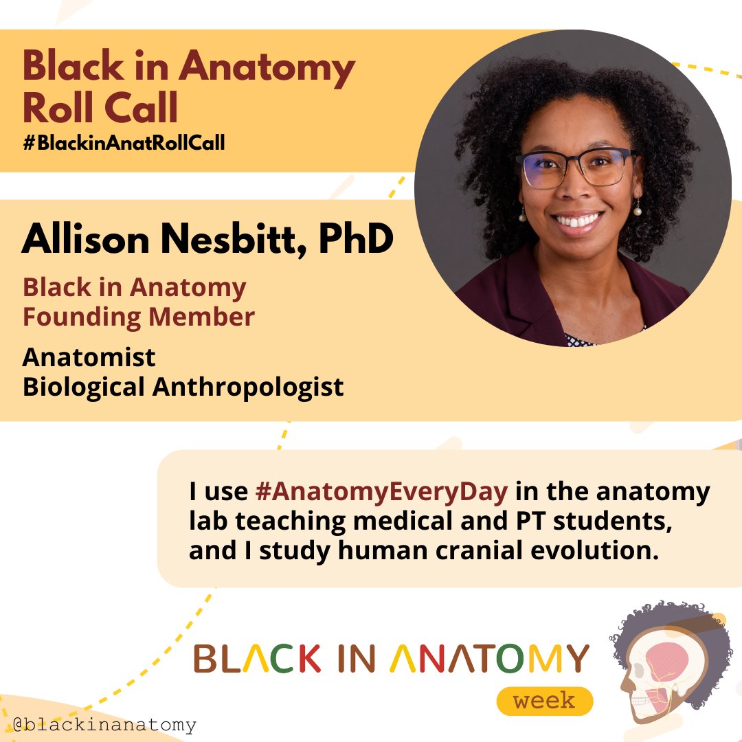 Dr. Allison Nesbitt <a href="/allison_nesbitt/">Allison Nesbitt</a> is an Assistant Teaching Professor at Mizzou. As an anatomist &amp; biological anthropologist, she uses #AnatomyEveryDay in the anatomy lab teaching Med &amp; PT students and studying human cranial evolution.
#BlackinAnatRollCall 
#BlackinAnatWeek