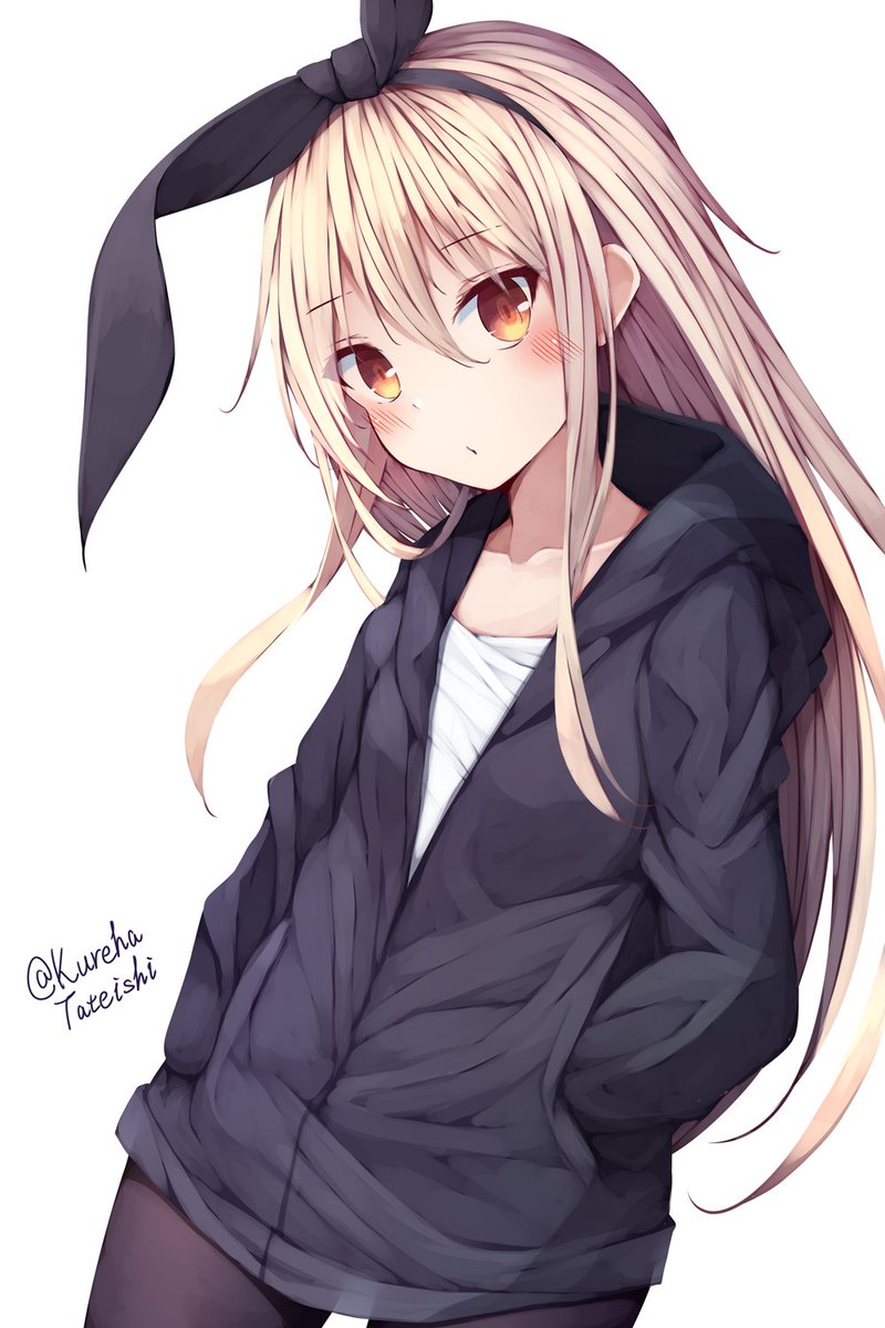 shimakaze (kancolle) 1girl solo long hair blonde hair twitter username hands in pockets simple background  illustration images