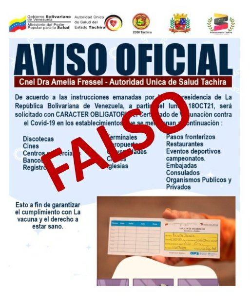 ATENCIÓN│El MPPS informa a la colectividad que el comunicado que señala la presentación del certificado de vacunación contra la COVID-19 para ingresar a lugares públicos, recreacionales e institucionales, es FALSO❌.