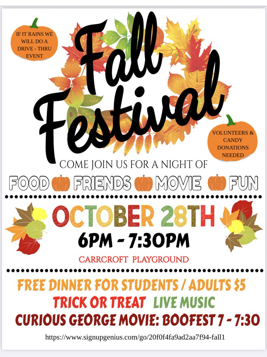CarrcroftPta's tweet photo. 🎃🖤🧡 Fall Festival is just around the corner!! Mark your calendar for this fun event you won’t want to miss! 🧡🖤🎃 https://t.co/KushByda1D