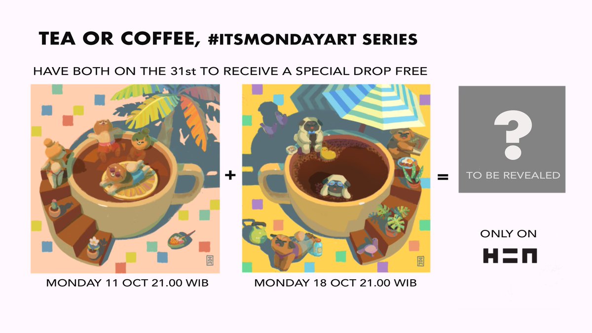 Just dropped my new artwork for #itsmondayart event by <a href="/mondayartclub/">Monday Art Club</a> #mondayartclub
This weeks drop for you tea lovers 🍵
henext.xyz/o/417546
Bonuses if you complete the set, see below👇

@onhicetnunc <a href="/hicetnunc2000/">hicetnunc2000</a>
#NFTs #nftart #CleanNFT #tezos