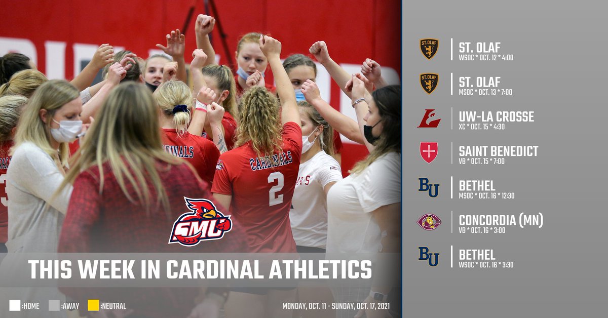 It’s another busy week in Cardinal athletics for <a href="/SMUMNMensSoccer/">Saint Mary’s MN Men’s Soccer</a>, <a href="/WSoccerSMUMN/">SMUMN Women's Soccer</a>, <a href="/SMUvball/">Saint Mary’s University Volleyball</a> &amp; <a href="/SMUMNCCTF/">Saint Mary's Cross Country/Track & Field</a>! Here’s a look at what’s in store, including live stats and streaming video links so you can keep up with all the action, home or away: saintmaryssports.com/calendar