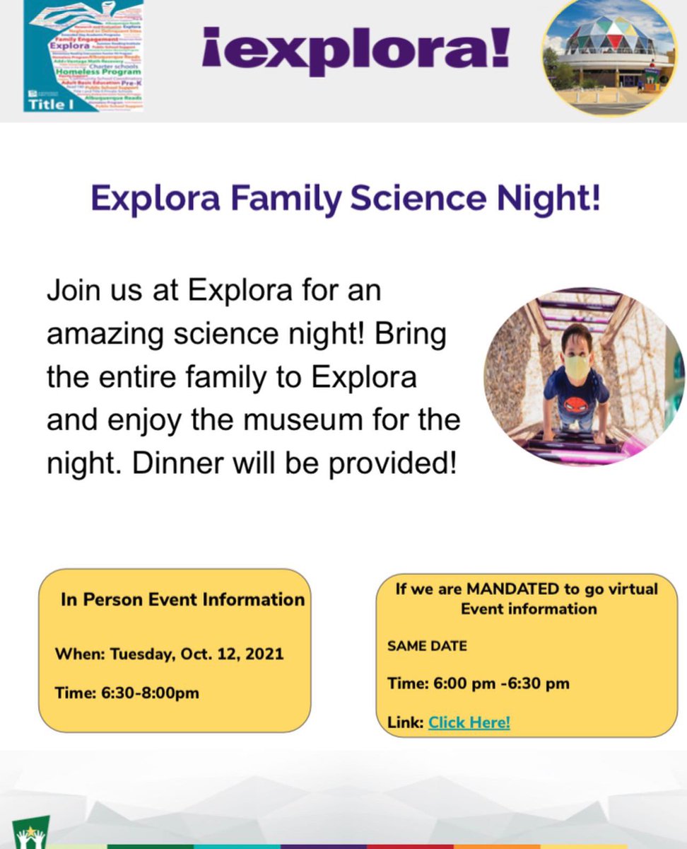DGESTigers's tweet photo. Join us tomorrow for science night @ Explora! Science night will be tomorrow, Tuesday at 6:30pm. Dinner will be served! We invite all of our DG families to join us! #ScienceNight #Explora #DGES #DGTigers https://t.co/dScNSo8Ro3