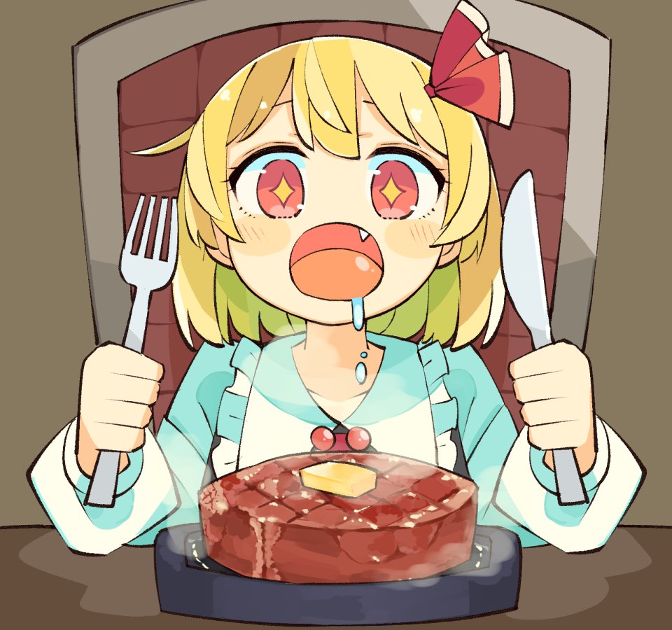 rumia 1girl blonde hair food open mouth solo red eyes fork  illustration images