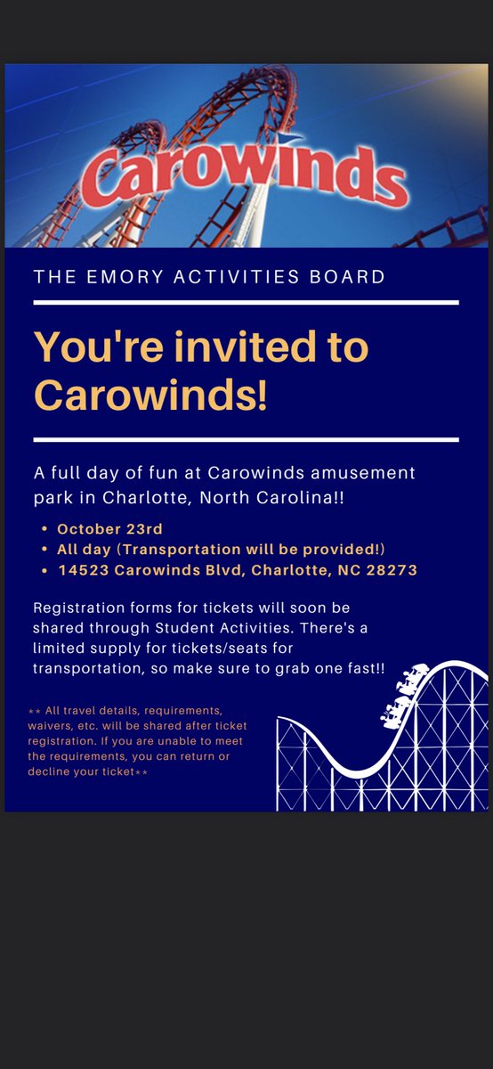 EmoryActivities's tweet image. Carowinds day is coming up quick! Links will be sent out soon for registration. Also within that link will be more details on travel and general trip info!