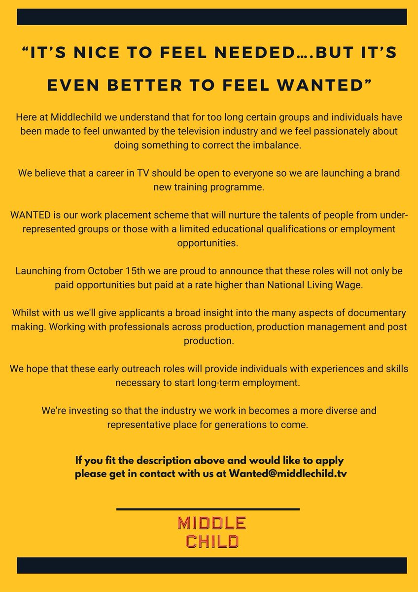 We're really proud to be launching our new work placement scheme for under-represented groups, those with a limited educational qualifications or employment opportunities. Please share with anyone you think might be interested. Thank you. #Wanted #TVJobs #diversityintheworkplace