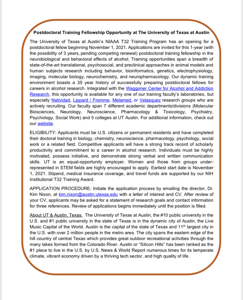 T32 Post Doc Opportunity from <a href="/UTAustin/">UT Austin</a> to study the neurobiological and behavioral effects of alcohol. Fellowship beginning 11/1/21. See photo for more details. <a href="/apadivision50/">APA Division 50 (Society of Addiction Psychology)</a>