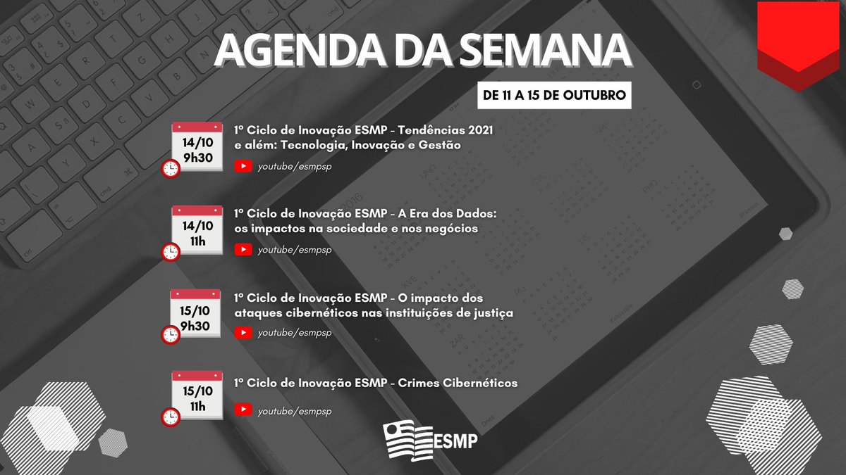 esmpsp's tweet photo. 📅 Confira a #agenda desta semana da #ESMP, de 11 a 15 de outubro! Participe das atividades! 😊 

🔎 Saiba mais: https://t.co/2RlbGgIxM2 

#AgendaESMP #Eventos #Tecnologia #Inovação #UsoDeDados #Digital #Cibercrimes #CrimesDigitais #CicloDeInovaçãoESMP https://t.co/Fs9yXwARUh