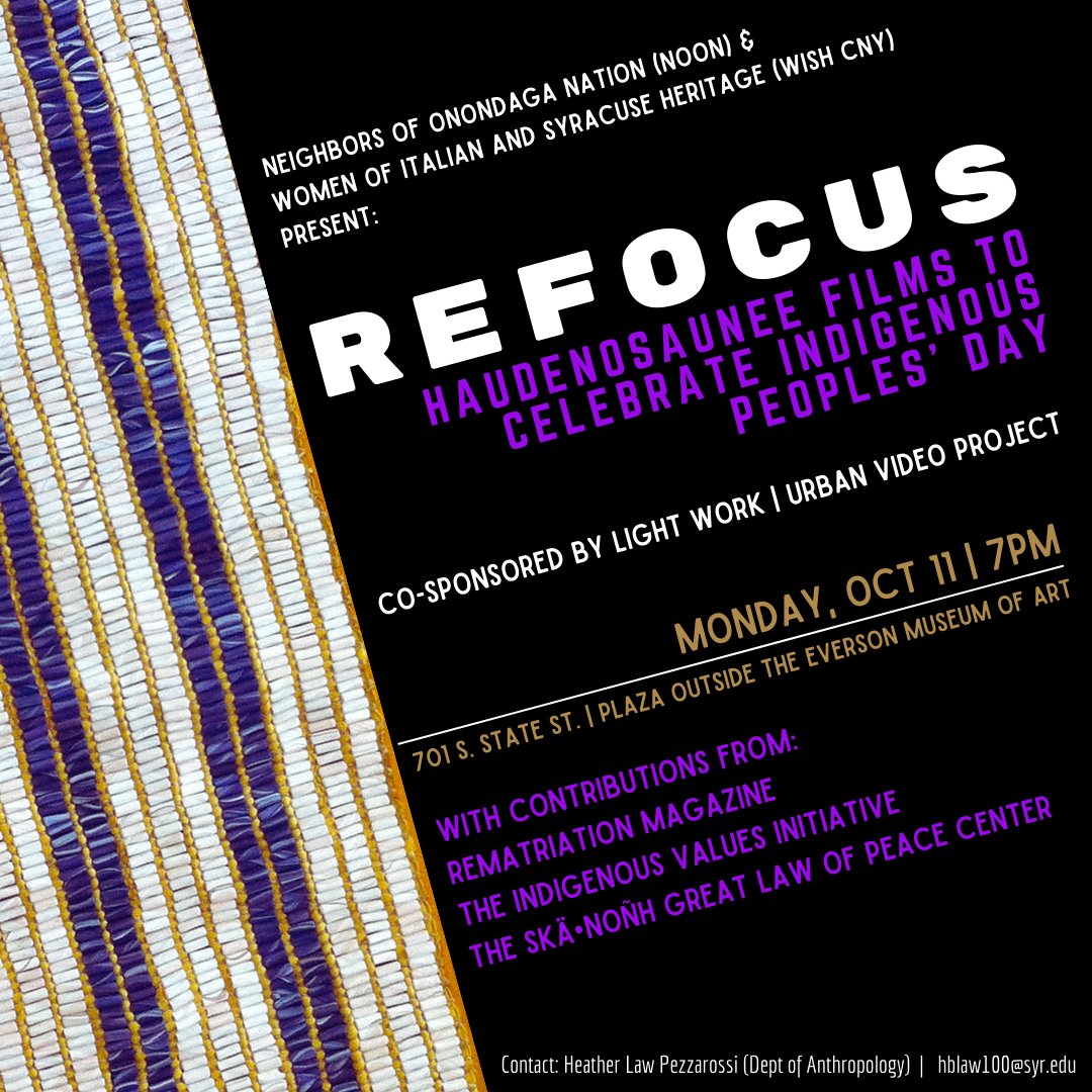 Celebrate Indigenous People's Day with a great lineup of Haudenosaunee films. 7pm, State St. Plaza, outside the <a href="/EversonMuseum/">Everson Museum of Art</a>. <a href="/indigenousVI/">Indigenous Values</a> <a href="/SkaNonhCenter/">Great Law of Peace</a>