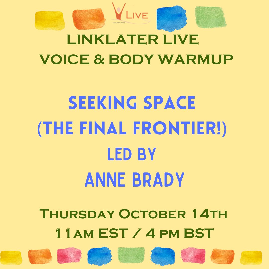 LinklaterVoice's tweet photo. LINKLATER LIVE THURSDAY!
An energetic warm-up that focuses on finding space in the body/breath/vocal channel and releasing the self and the text.
Book here! : https://t.co/g9KZpSqPue
#kristinlinklater #linklatervoice #kirstinlinklatervoicecentre #linklaterlive #voicewarmup https://t.co/FN4qIU8WoX