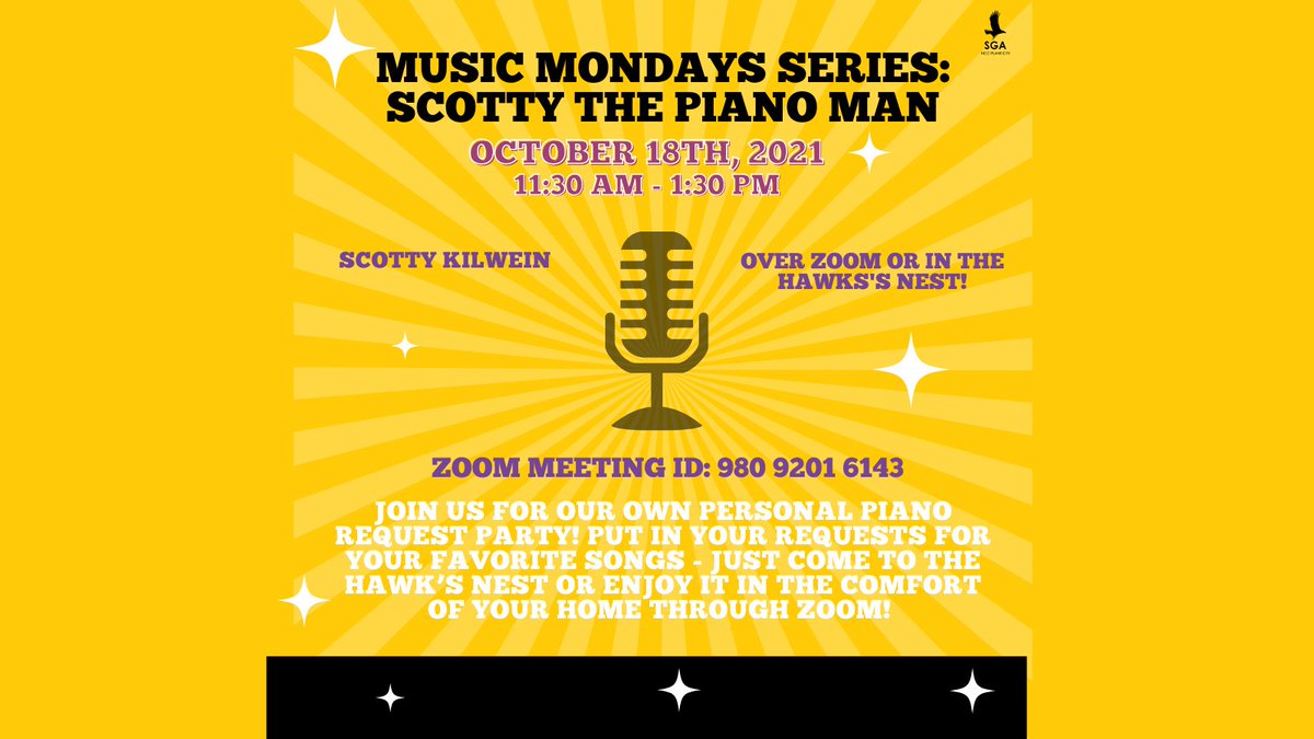 HCC_PC_SGA's tweet photo. Come to the Hawk’s Nest or tune into zoom on Monday, October 18th from 11:30am – 1:30pm to listen to Scotty Kilwein! Participants can make song requests and interact with others while we chill and listen to some amazing live music! https://t.co/CC0tS087tI